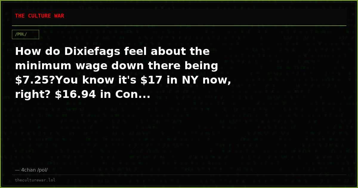 How do Dixiefags feel about the minimum wage down there being $7.25?You know it's $17 in NY now, right? $16.94 in Con...