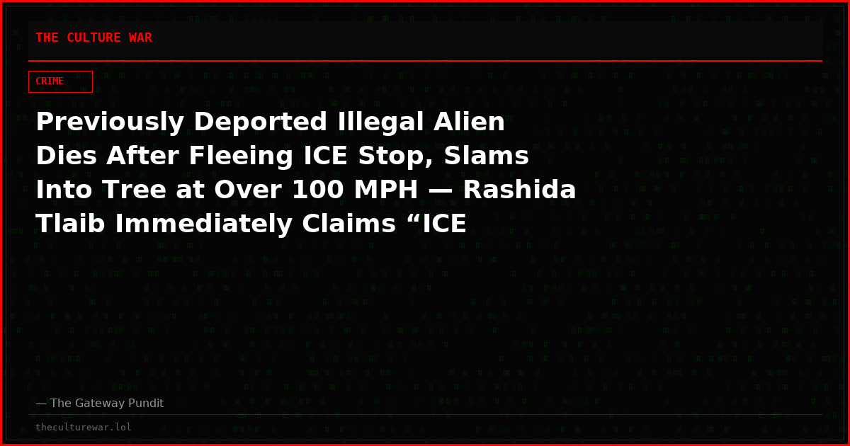 Previously Deported Illegal Alien Dies After Fleeing ICE Stop, Slams Into Tree at Over 100 MPH — Rashida Tlaib Immediately Claims “ICE Killed Another Man”