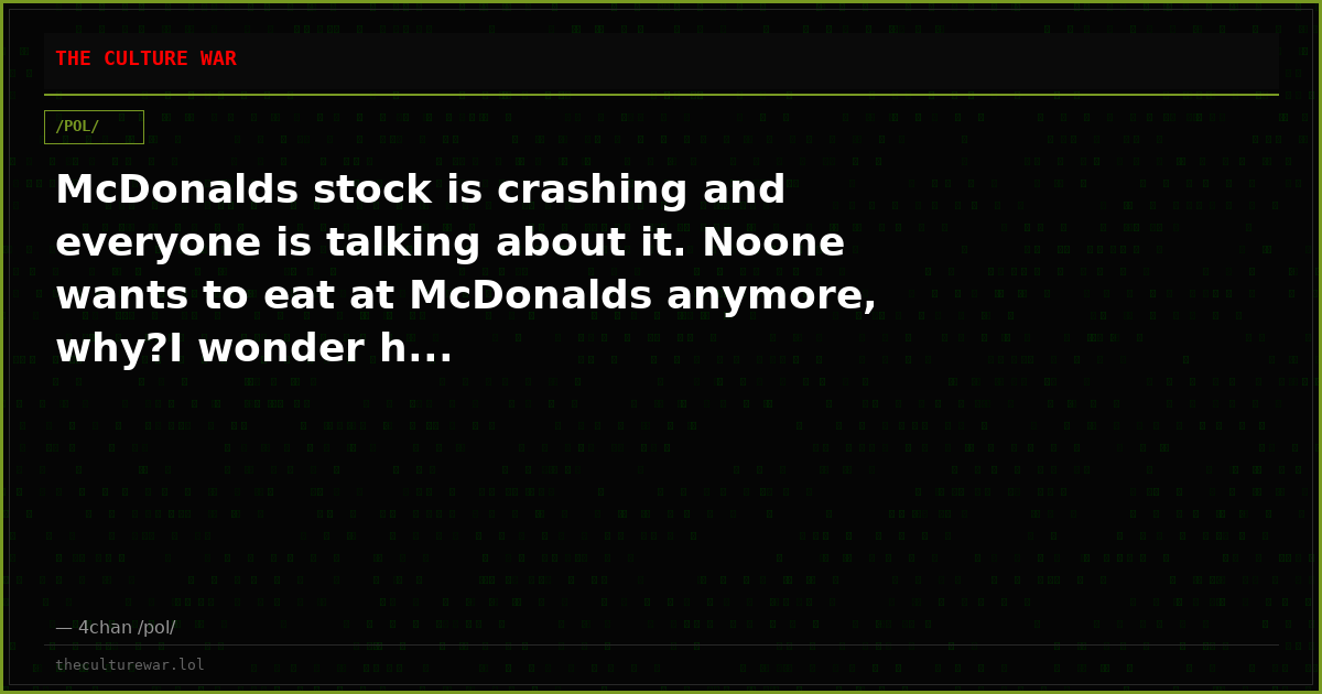 McDonalds stock is crashing and everyone is talking about it. Noone wants to eat at McDonalds anymore, why?I wonder h...