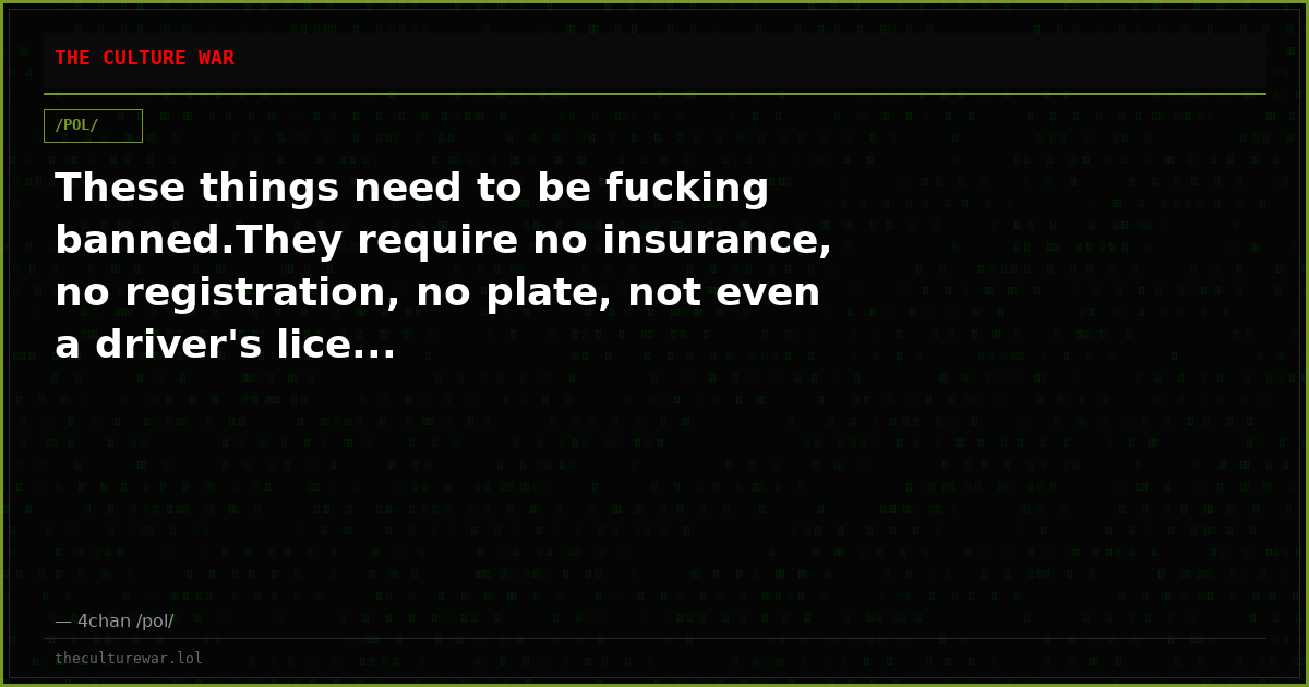 These things need to be fucking banned.They require no insurance, no registration, no plate, not even a driver's lice...