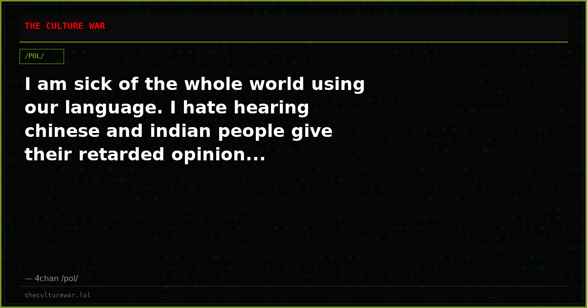 I am sick of the whole world using our language. I hate hearing chinese and indian people give their retarded opinion...