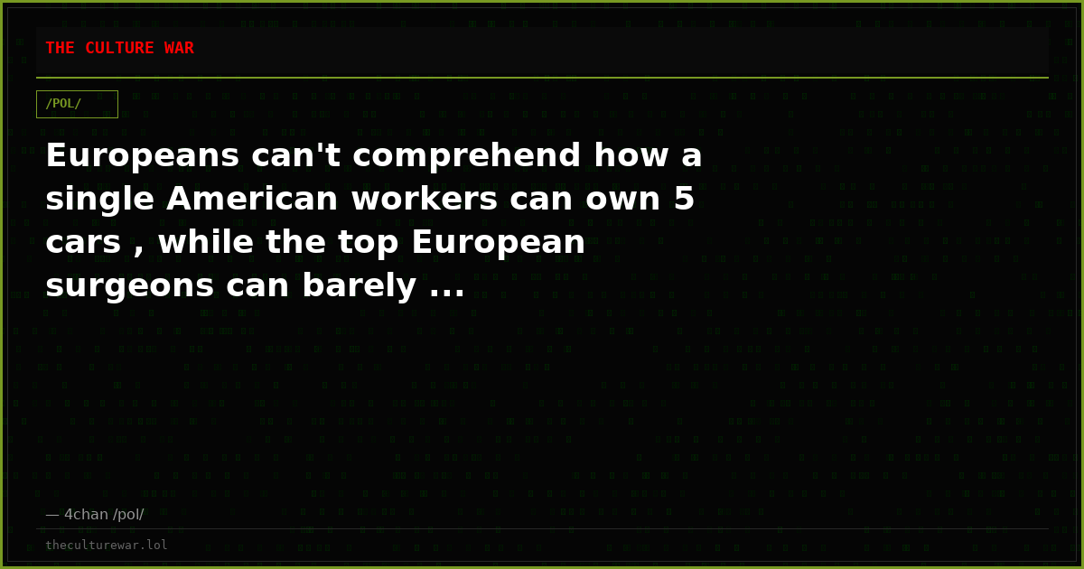 Europeans can't comprehend how a single American workers can own 5 cars , while the top European surgeons can barely ...