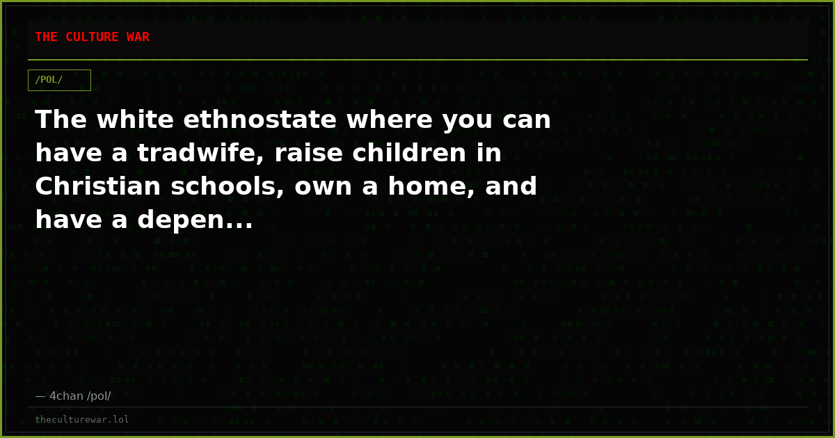 The white ethnostate where you can have a tradwife, raise children in Christian schools, own a home, and have a depen...