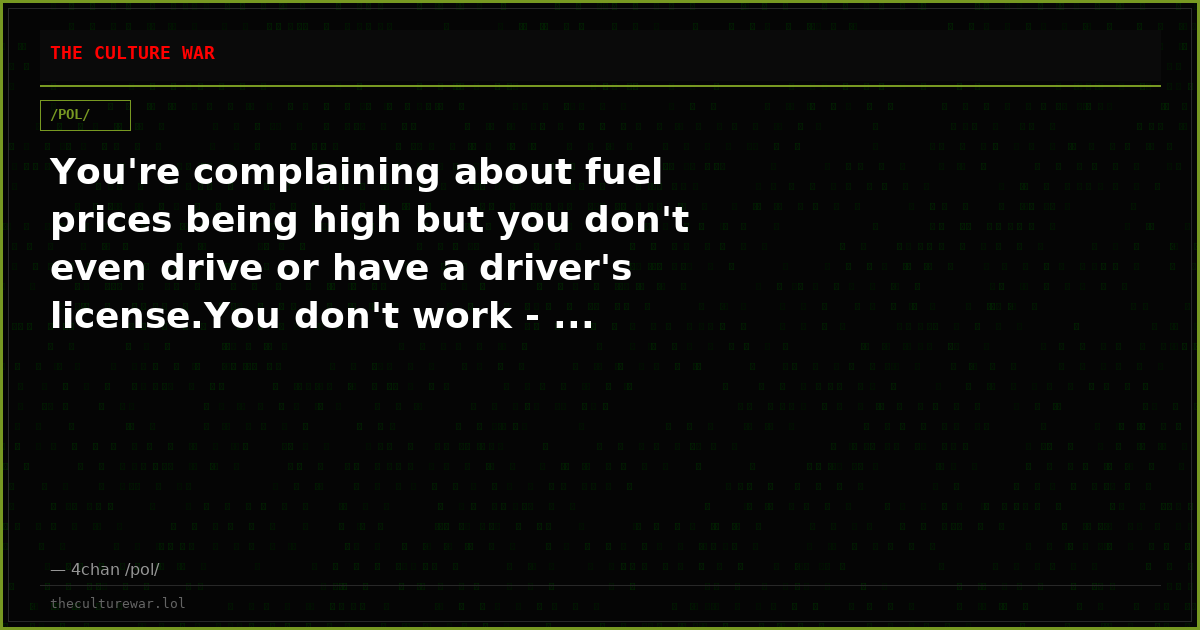 You're complaining about fuel prices being high but you don't even drive or have a driver's license.You don't work - ...