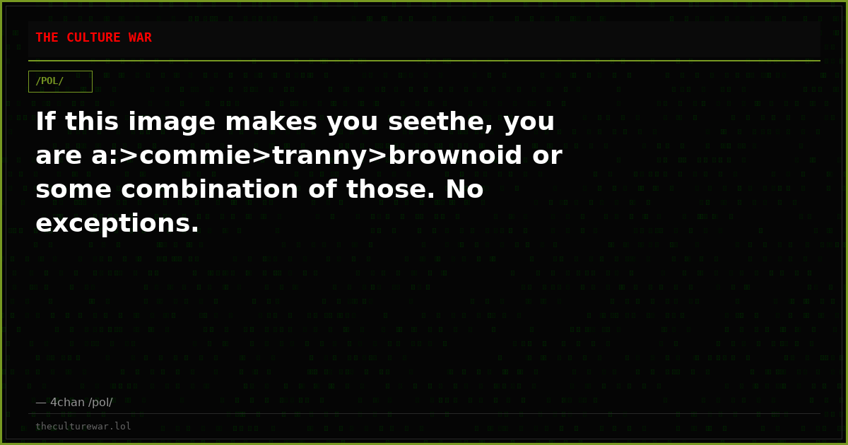 If this image makes you seethe, you are a:>commie>tranny>brownoid or some combination of those. No exceptions.