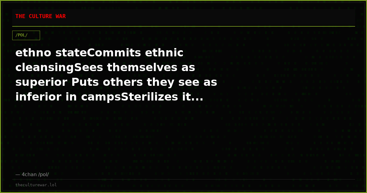 ethno stateCommits ethnic cleansingSees themselves as superior Puts others they see as inferior in campsSterilizes it...