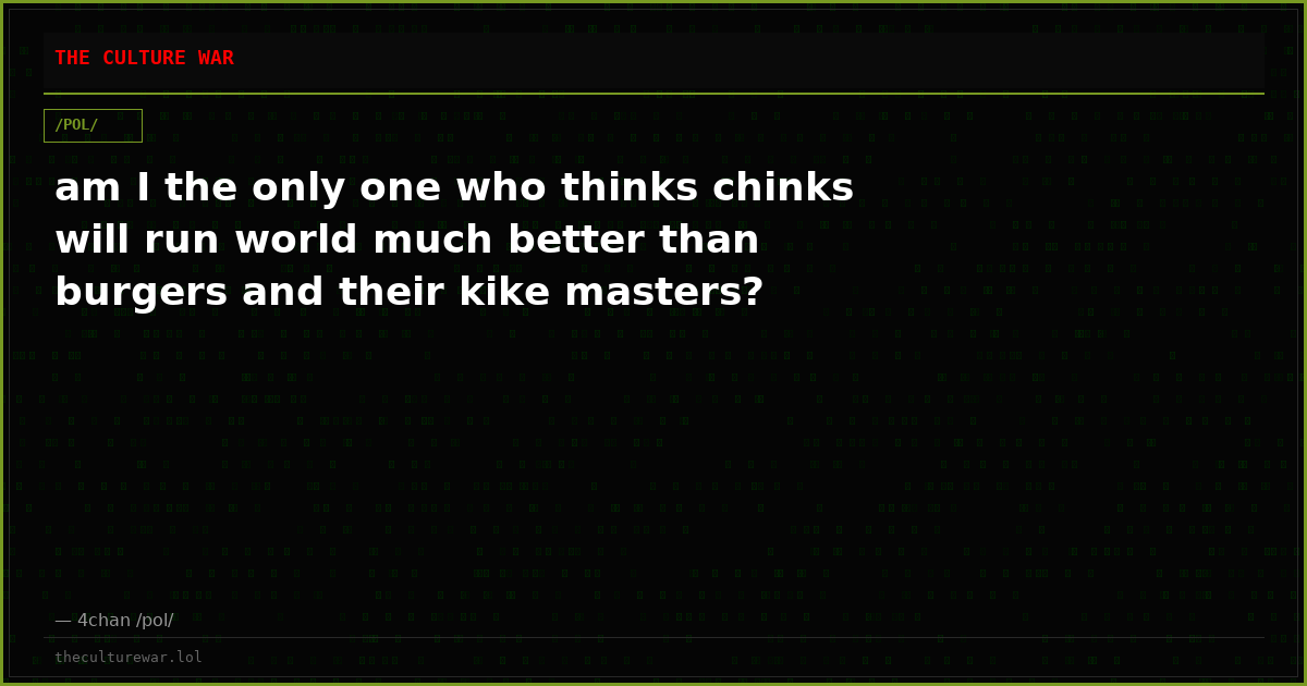 am I the only one who thinks chinks will run world much better than burgers and their kike masters?