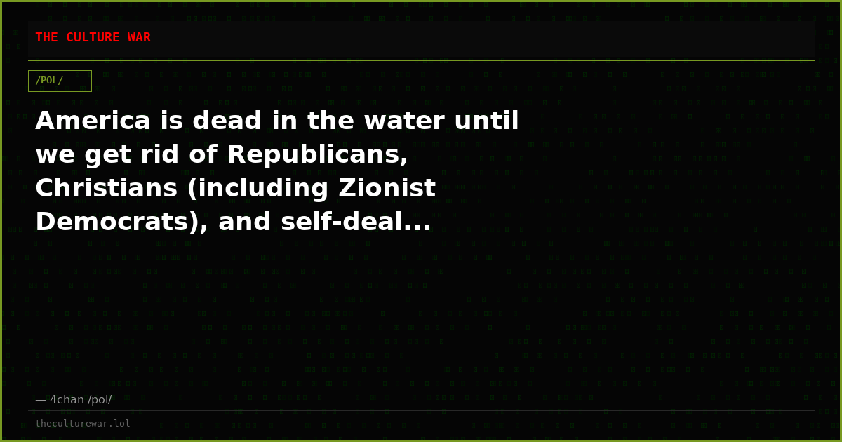 America is dead in the water until we get rid of Republicans, Christians (including Zionist Democrats), and self-deal...