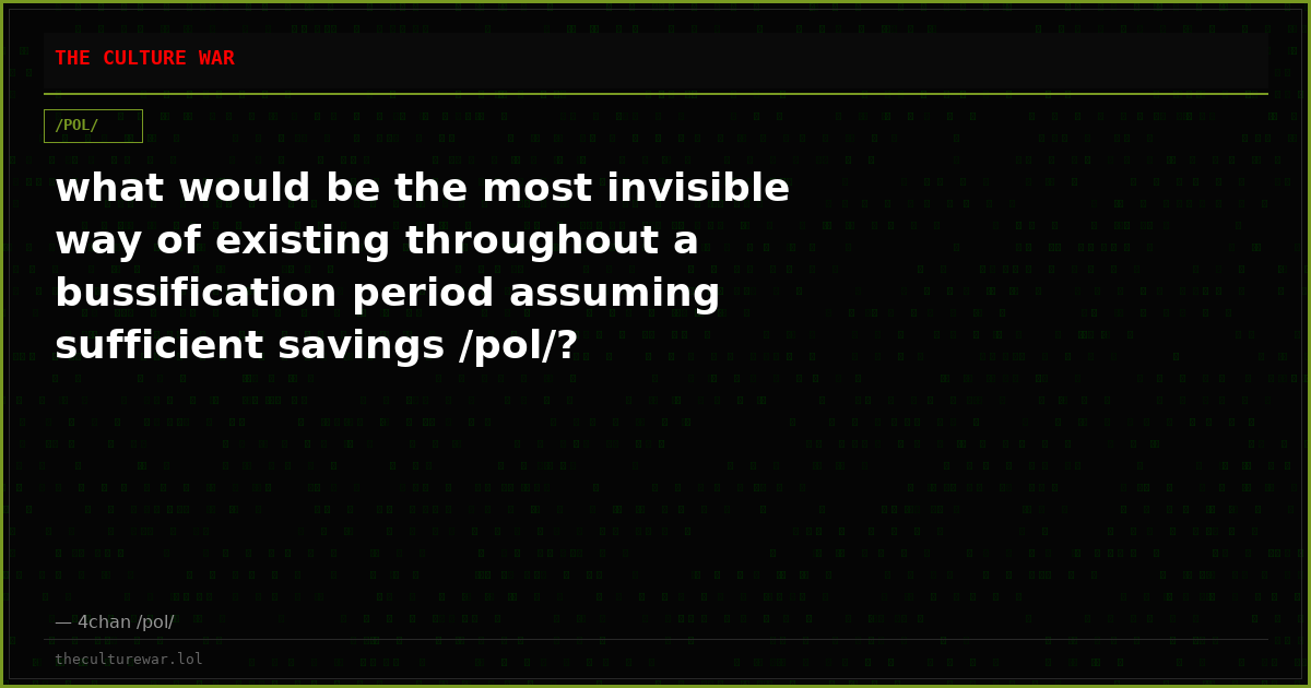 what would be the most invisible way of existing throughout a bussification period assuming sufficient savings /pol/?