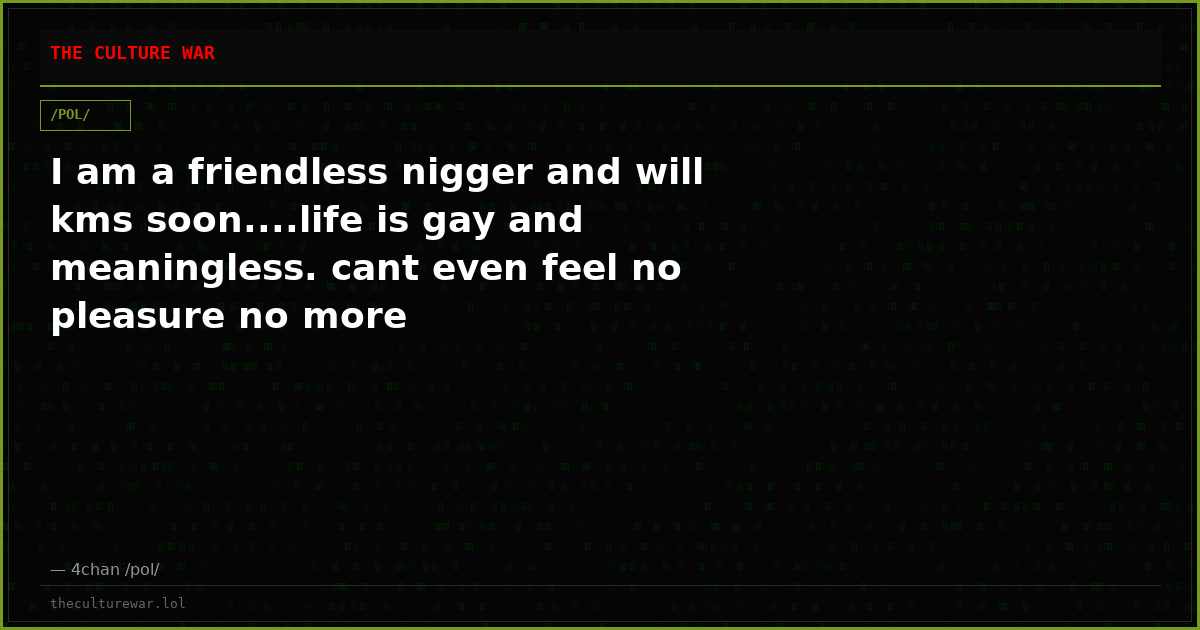 I am a friendless nigger and will kms soon....life is gay and meaningless. cant even feel no pleasure no more