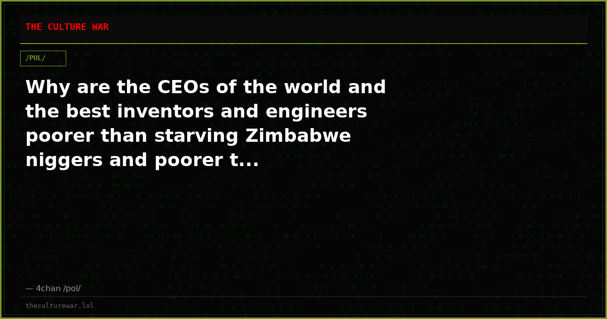 Why are the CEOs of the world and the best inventors and engineers poorer than starving Zimbabwe niggers and poorer t...