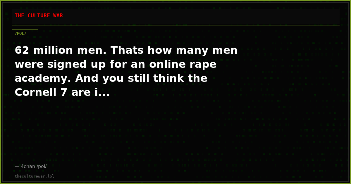 62 million men. Thats how many men were signed up for an online rape academy. And you still think the Cornell 7 are i...