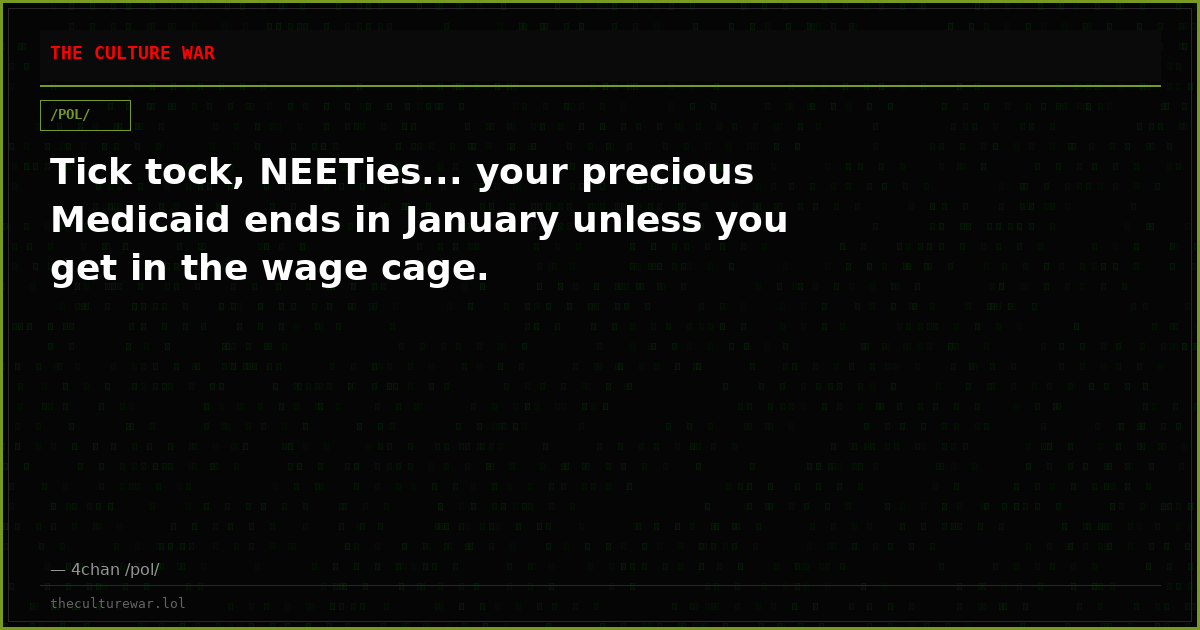 Tick tock, NEETies... your precious Medicaid ends in January unless you get in the wage cage.