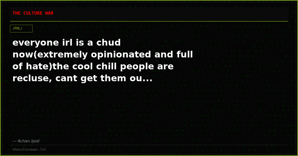 everyone irl is a chud now(extremely opinionated and full of hate)the cool chill people are recluse, cant get them ou...