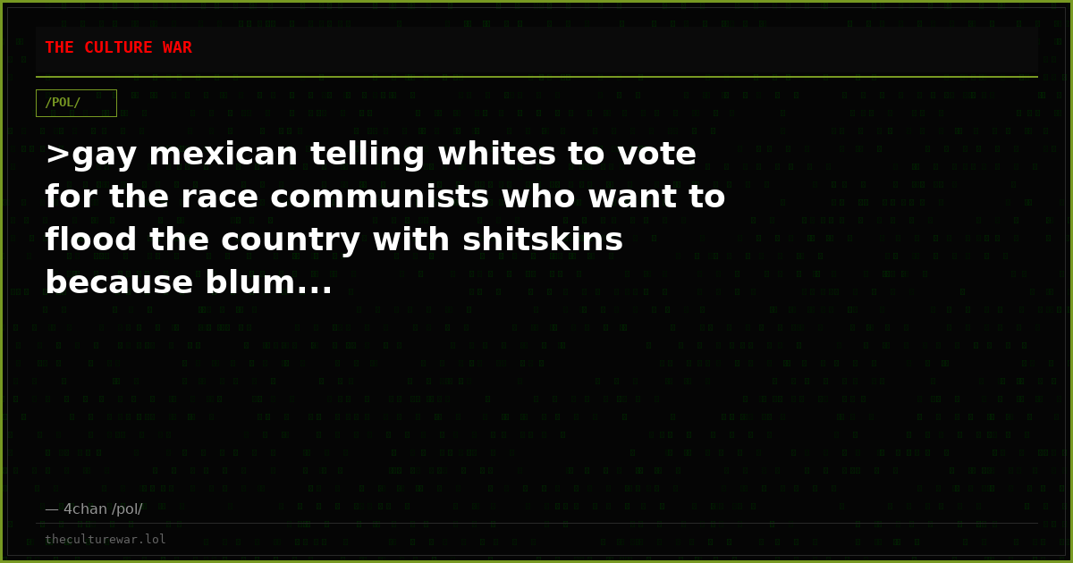 >gay mexican telling whites to vote for the race communists who want to flood the country with shitskins because blum...
