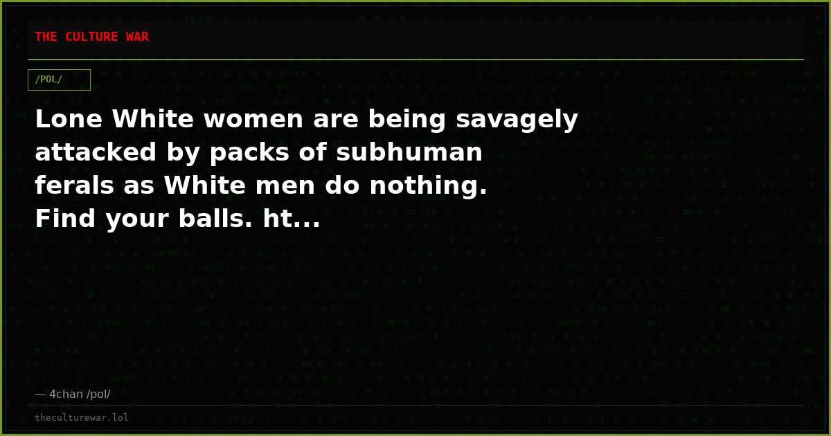 Lone White women are being savagely attacked by packs of subhuman ferals as White men do nothing. Find your balls. ht...