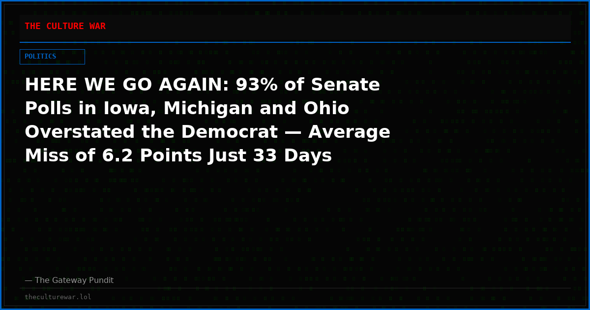 HERE WE GO AGAIN: 93% of Senate Polls in Iowa, Michigan and Ohio Overstated the Democrat — Average Miss of 6.2 Points Just 33 Days Out, Same Script That Buried Ernst, Vance and Moreno