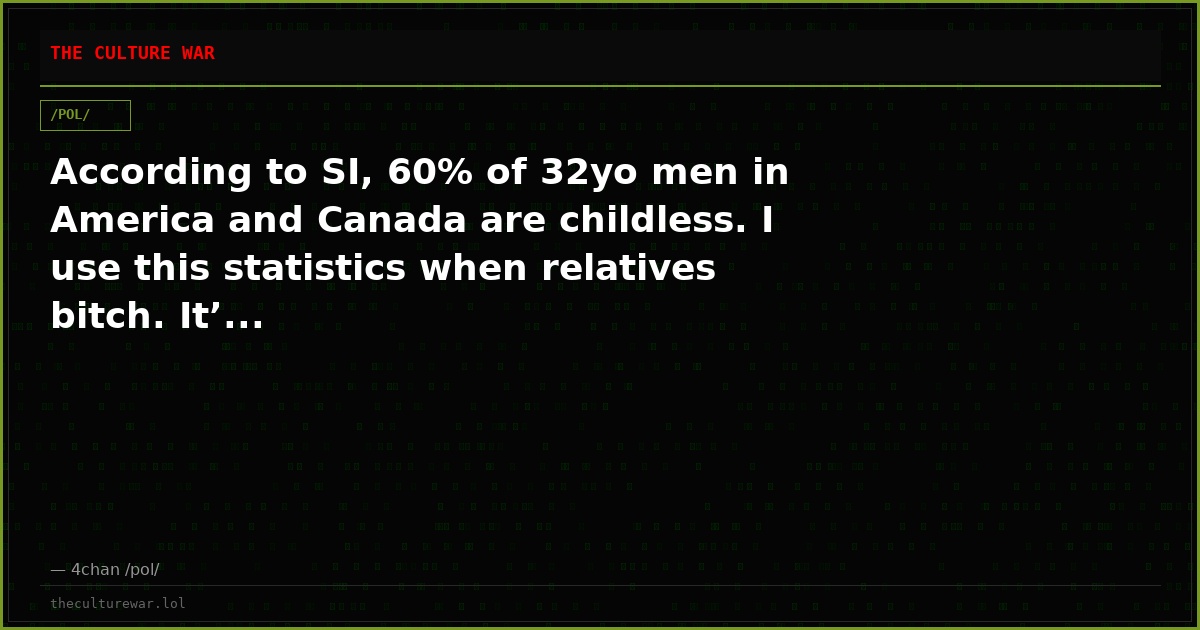 According to SI, 60% of 32yo men in America and Canada are childless. I use this statistics when relatives bitch. It’...