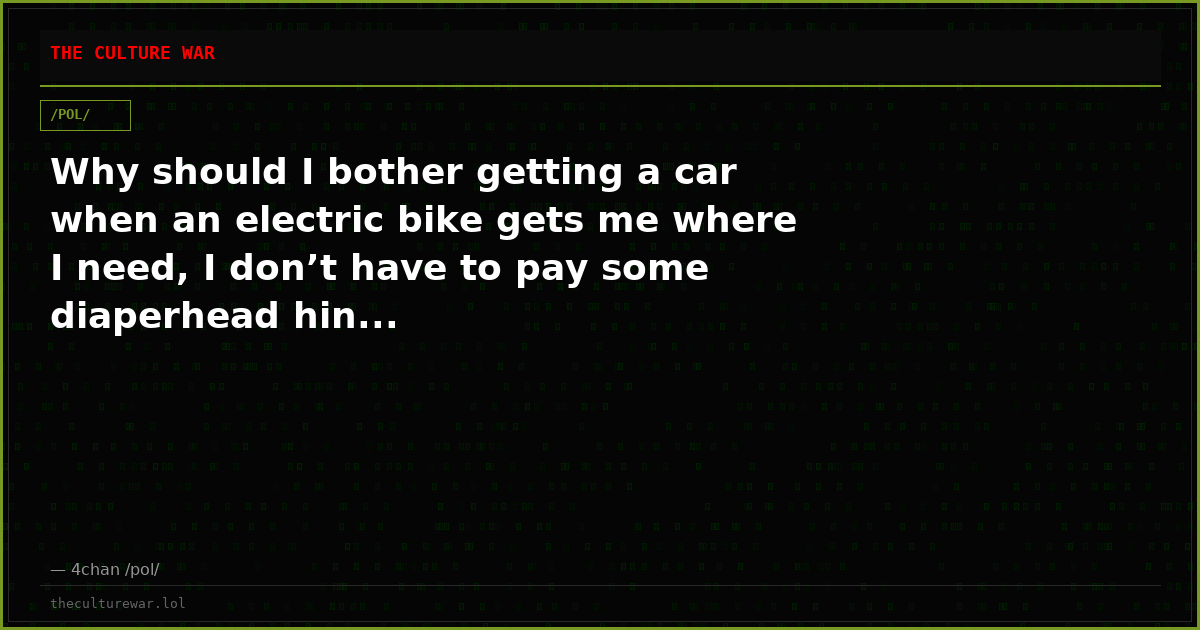 Why should I bother getting a car when an electric bike gets me where I need, I don’t have to pay some diaperhead hin...