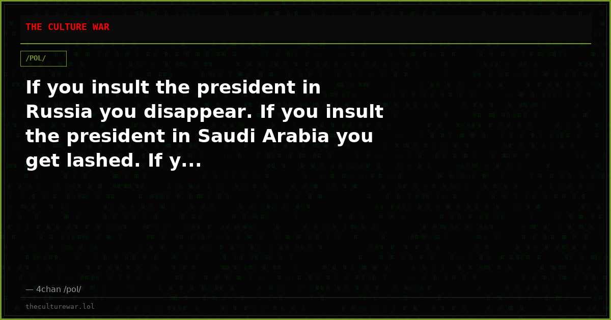 If you insult the president in Russia you disappear. If you insult the president in Saudi Arabia you get lashed. If y...