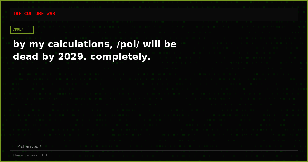 by my calculations, /pol/ will be dead by 2029. completely.