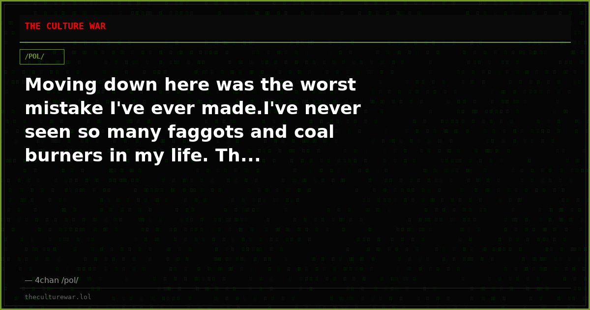 Moving down here was the worst mistake I've ever made.I've never seen so many faggots and coal burners in my life. Th...