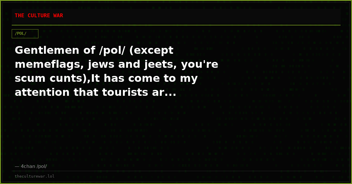 Gentlemen of /pol/ (except memeflags, jews and jeets, you're scum cunts),It has come to my attention that tourists ar...