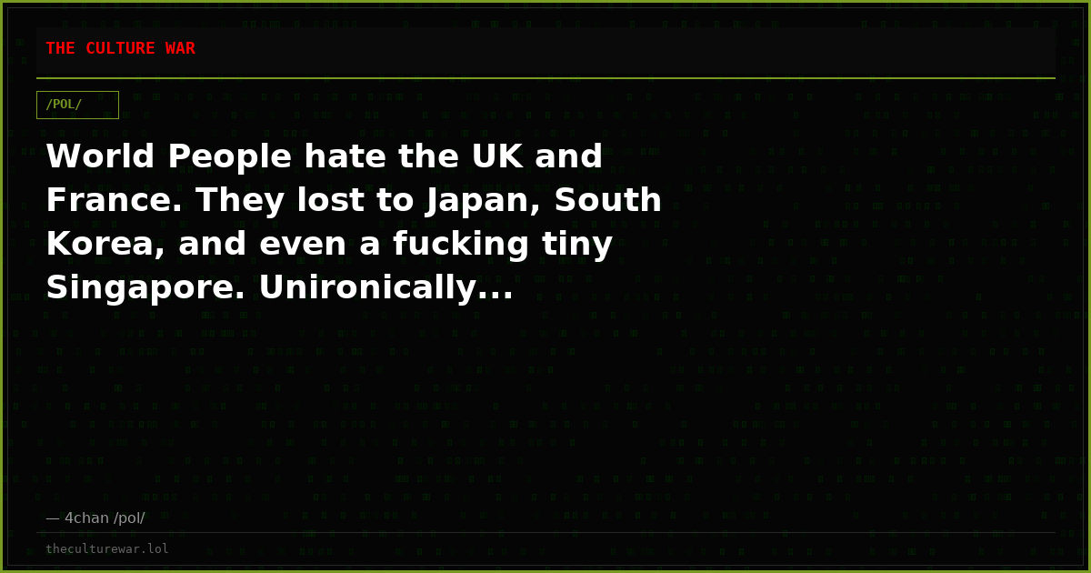 World People hate the UK and France. They lost to Japan, South Korea, and even a fucking tiny Singapore. Unironically...