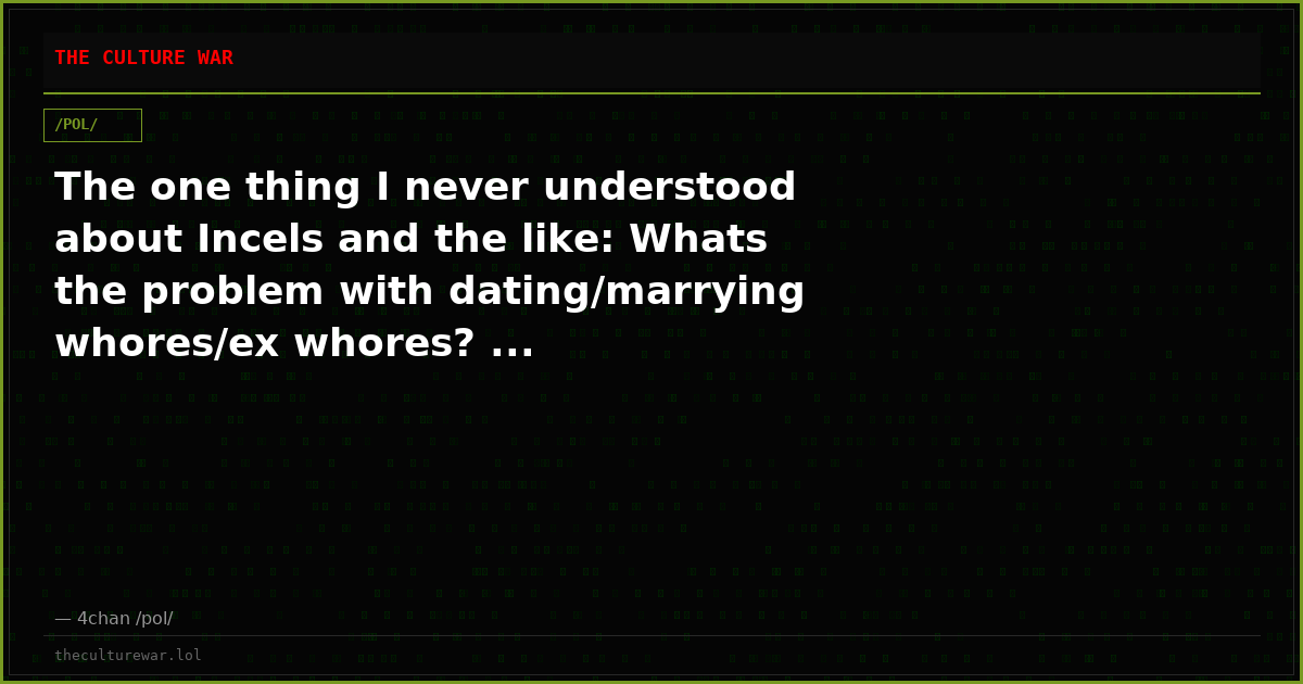 The one thing I never understood about Incels and the like: Whats the problem with dating/marrying whores/ex whores? ...