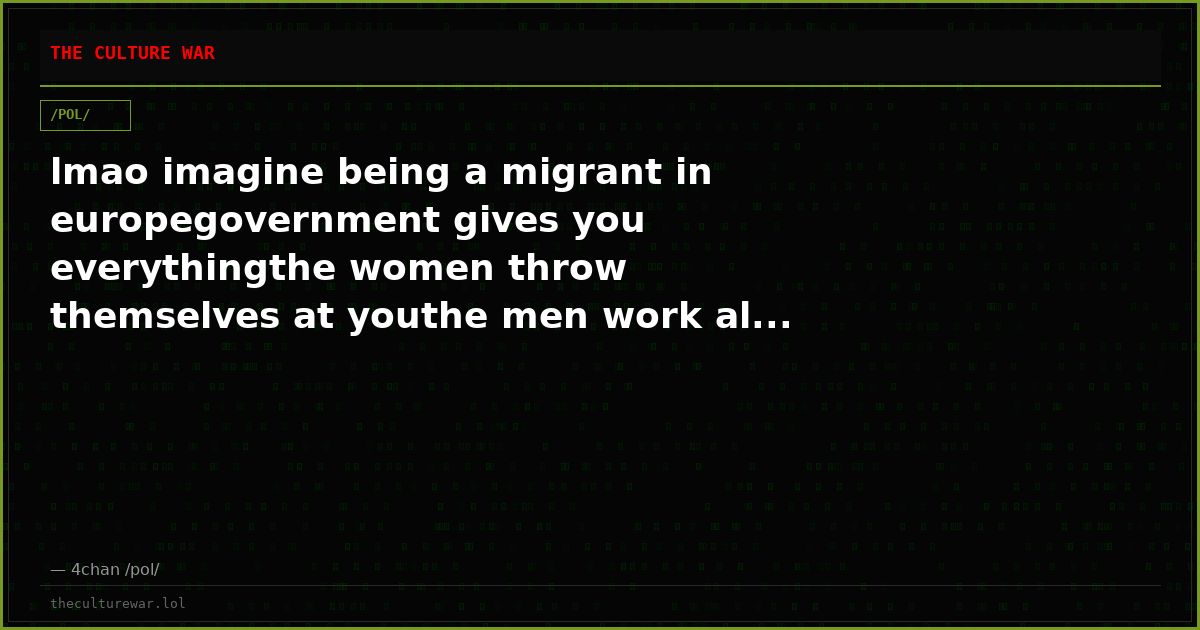 lmao imagine being a migrant in europegovernment gives you everythingthe women throw themselves at youthe men work al...