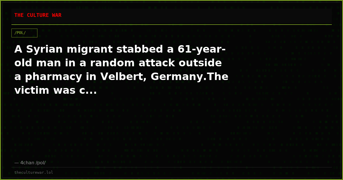 A Syrian migrant stabbed a 61-year-old man in a random attack outside a pharmacy in Velbert, Germany.The victim was c...
