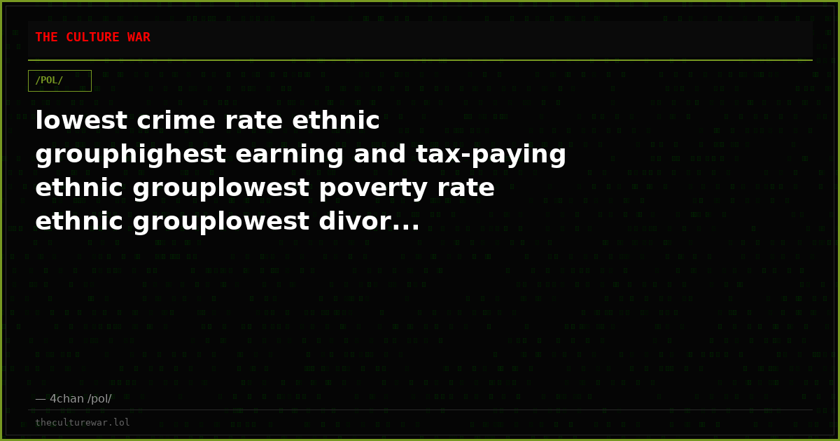 lowest crime rate ethnic grouphighest earning and tax-paying ethnic grouplowest poverty rate ethnic grouplowest divor...