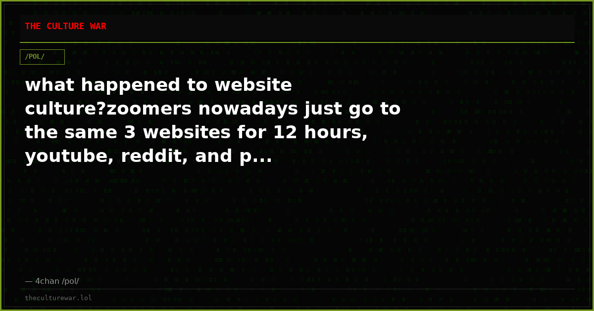 what happened to website culture?zoomers nowadays just go to the same 3 websites for 12 hours, youtube, reddit, and p...