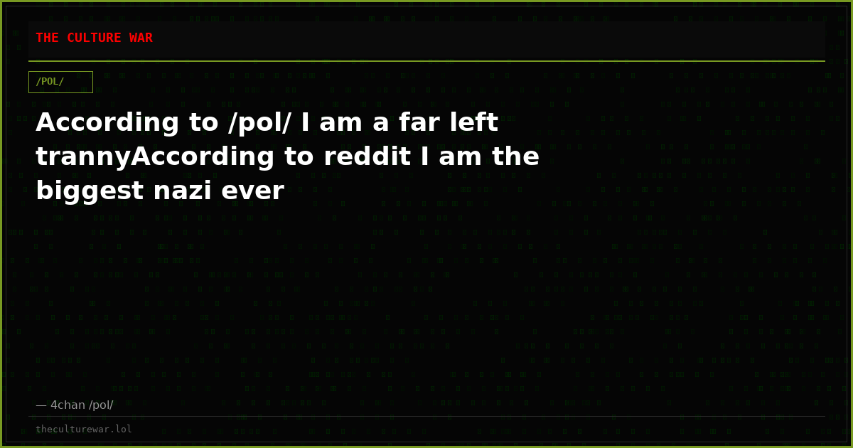 According to /pol/ I am a far left trannyAccording to reddit I am the biggest nazi ever