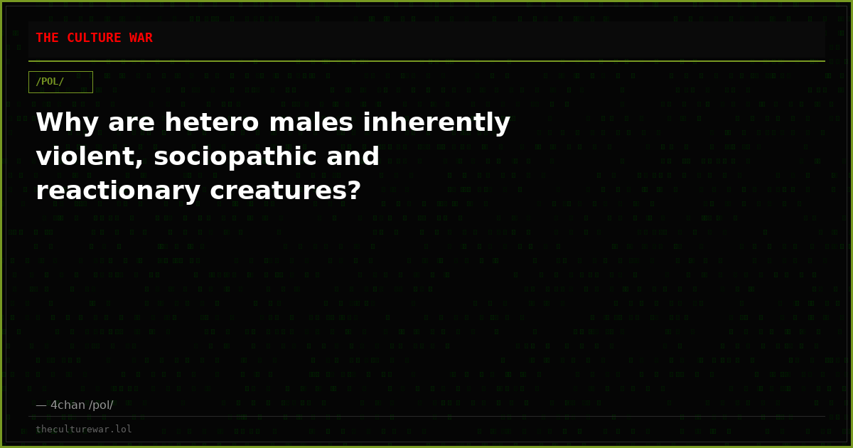 Why are hetero males inherently violent, sociopathic and reactionary creatures?