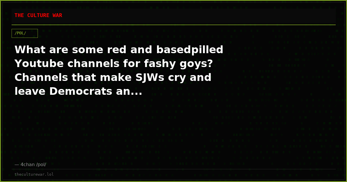 What are some red and basedpilled Youtube channels for fashy goys? Channels that make SJWs cry and leave Democrats an...