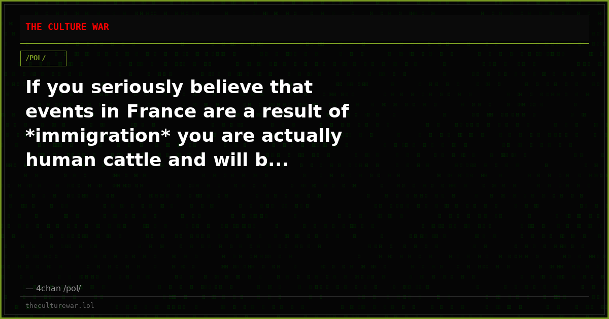If you seriously believe that events in France are a result of *immigration* you are actually human cattle and will b...