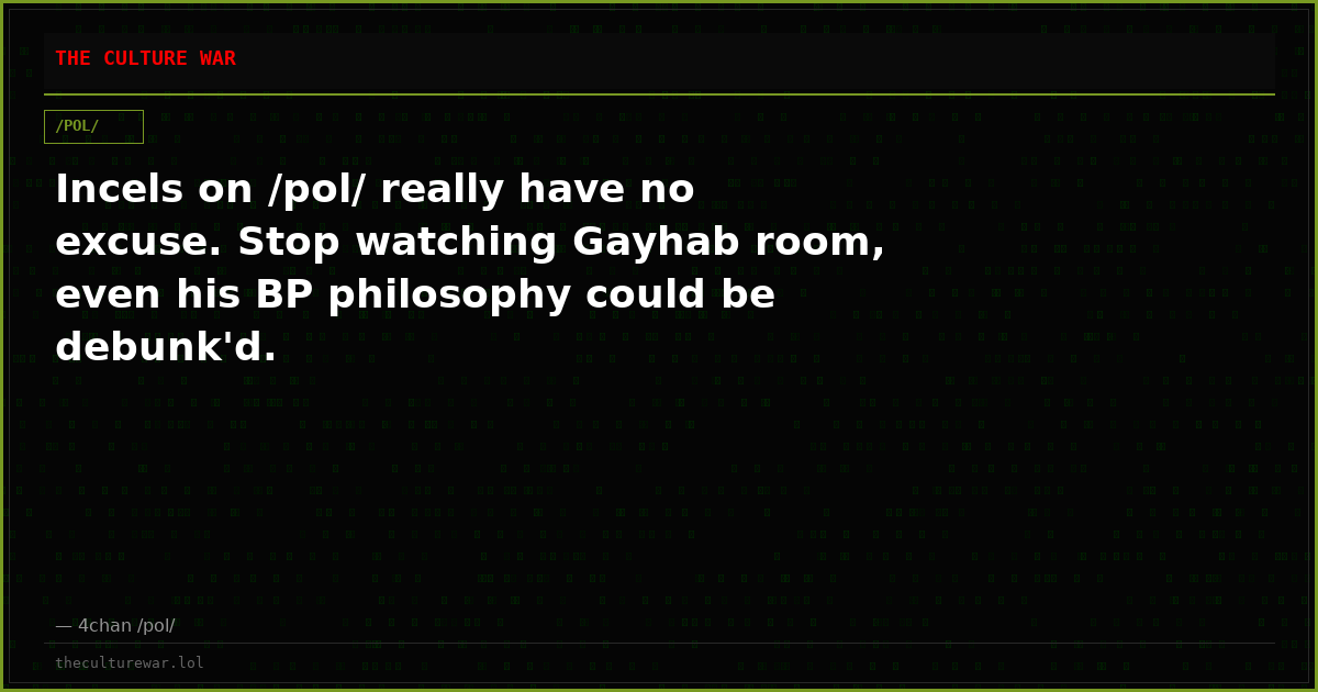 Incels on /pol/ really have no excuse. Stop watching Gayhab room, even his BP philosophy could be debunk'd.