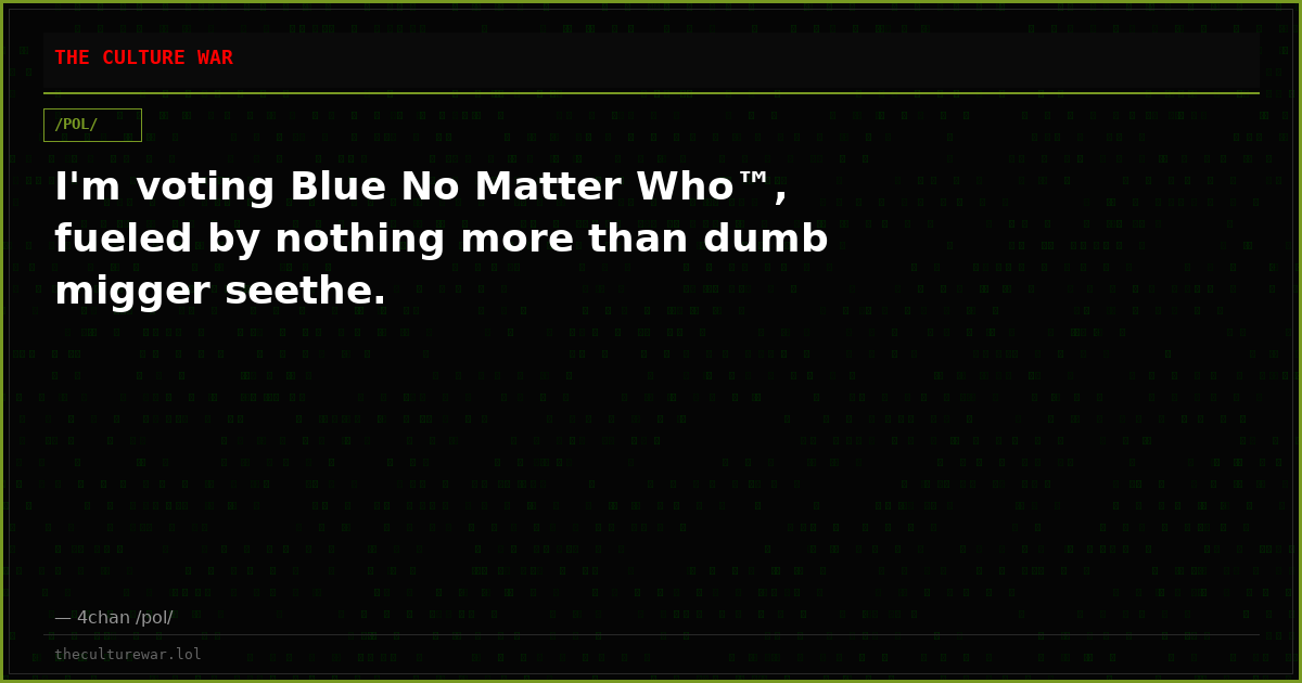 I'm voting Blue No Matter Who™, fueled by nothing more than dumb migger seethe.