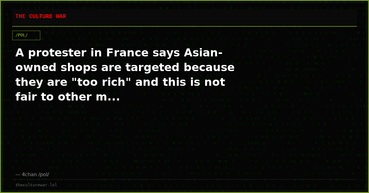 A protester in France says Asian-owned shops are targeted because they are "too rich" and this is not fair to other m...