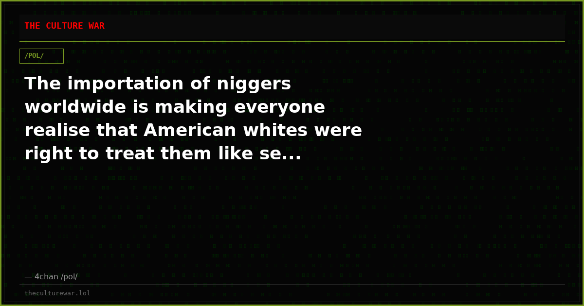 The importation of niggers worldwide is making everyone realise that American whites were right to treat them like se...