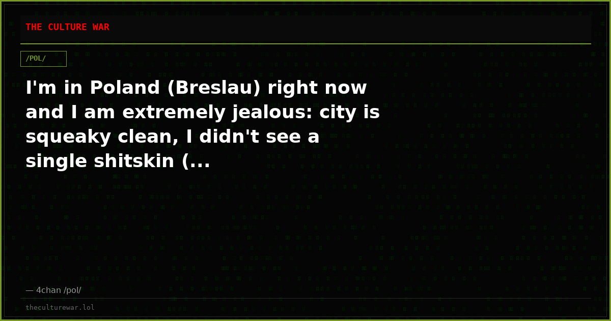 I'm in Poland (Breslau) right now and I am extremely jealous: city is squeaky clean, I didn't see a single shitskin (...