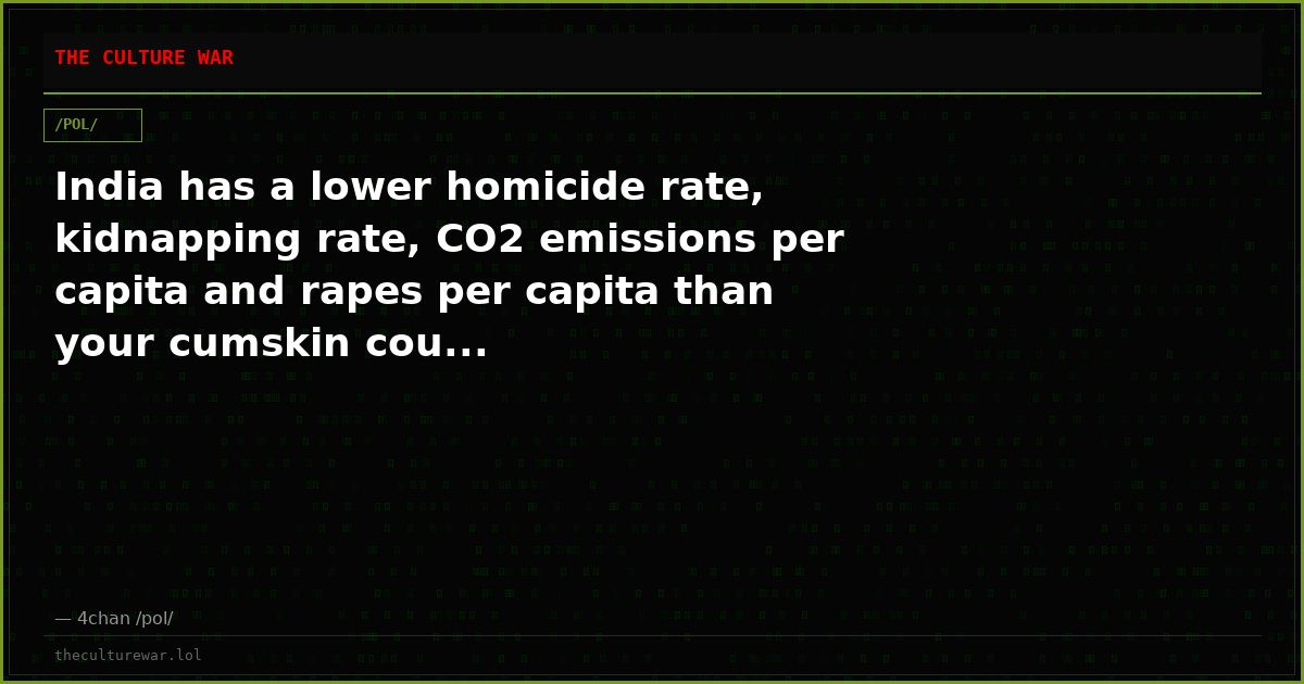 India has a lower homicide rate, kidnapping rate, CO2 emissions per capita and rapes per capita than your cumskin cou...