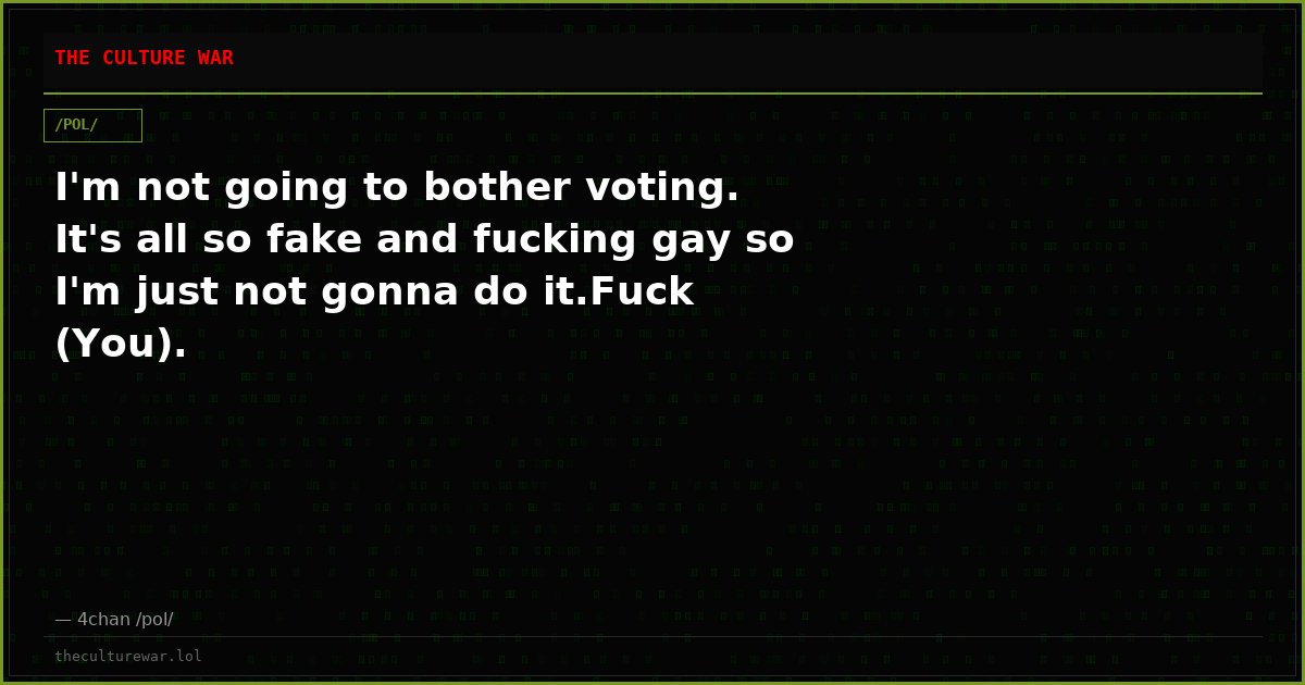 I'm not going to bother voting. It's all so fake and fucking gay so I'm just not gonna do it.Fuck (You).