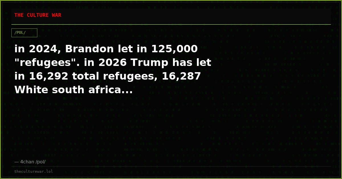 in 2024, Brandon let in 125,000 "refugees". in 2026 Trump has let in 16,292 total refugees, 16,287 White south africa...