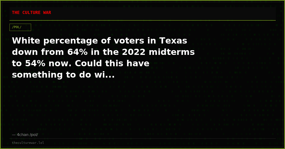 White percentage of voters in Texas down from 64% in the 2022 midterms to 54% now. Could this have something to do wi...