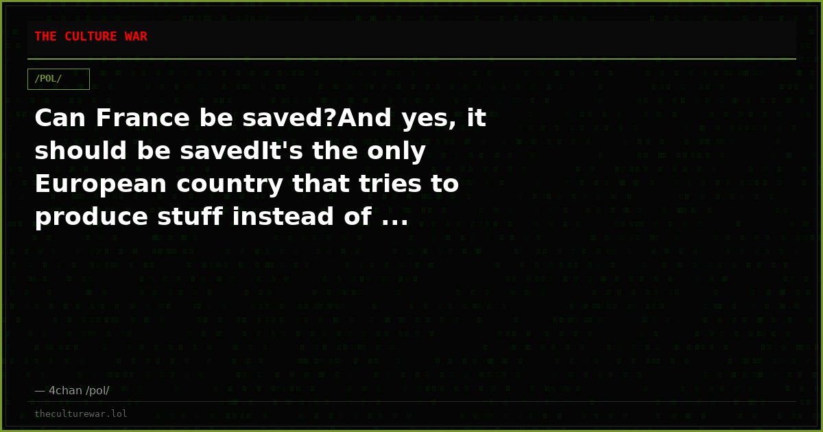 Can France be saved?And yes, it should be savedIt's the only European country that tries to produce stuff instead of ...