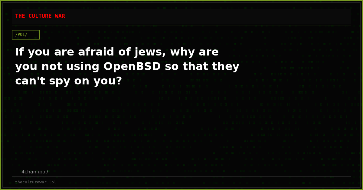 If you are afraid of jews, why are you not using OpenBSD so that they can't spy on you?