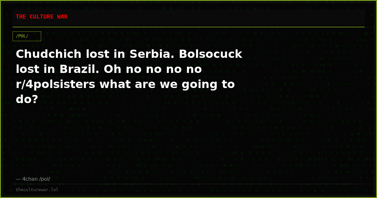 Chudchich lost in Serbia. Bolsocuck lost in Brazil. Oh no no no no r/4polsisters what are we going to do?