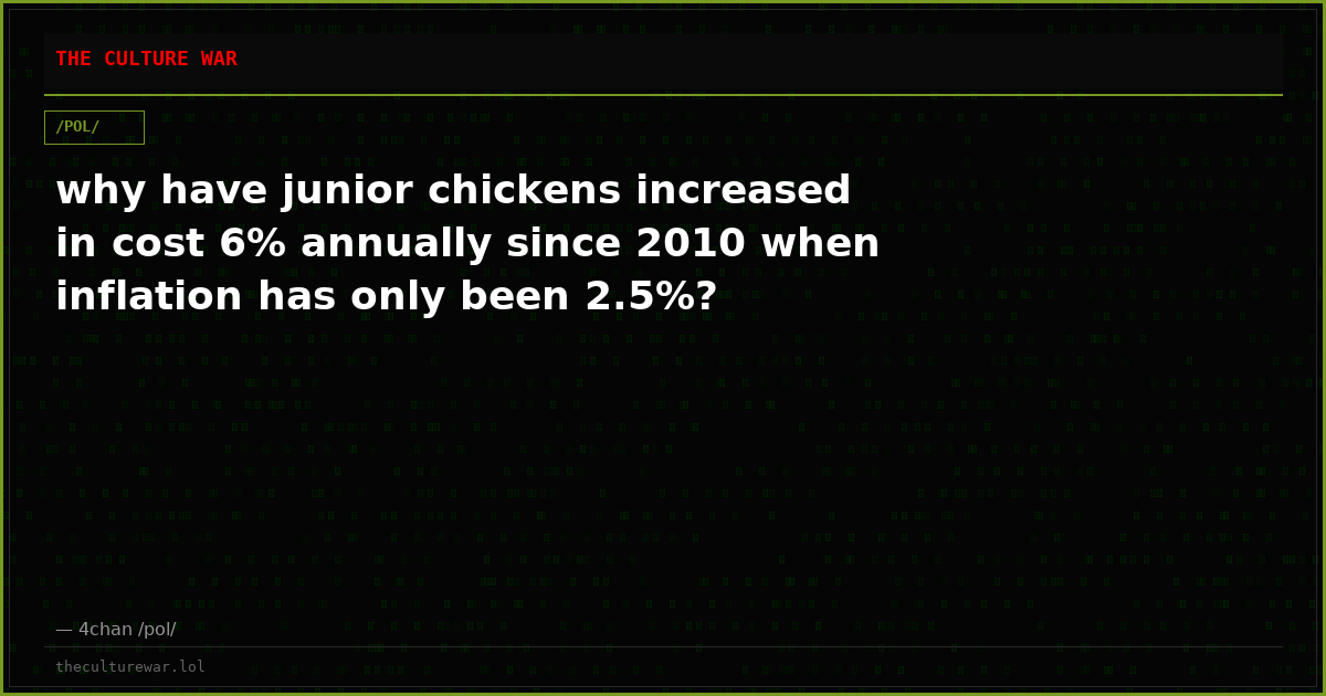 why have junior chickens increased in cost 6% annually since 2010 when inflation has only been 2.5%?